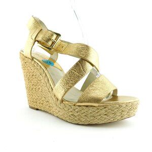 MICHAEL KORS Gold Shimmer Leather Espadrille Wedge Sling Sandals 10